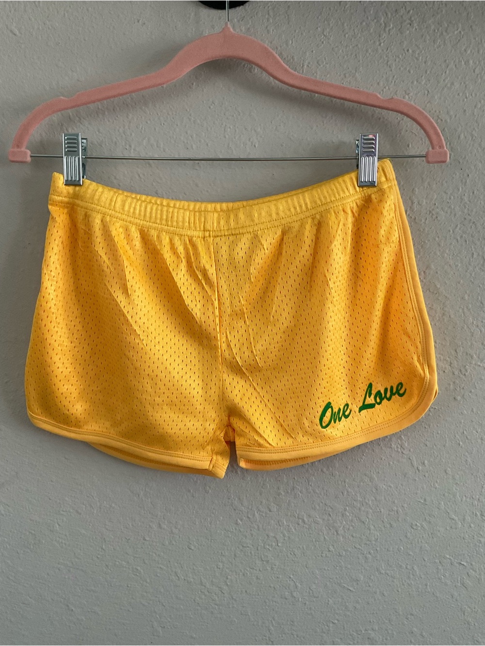 Exist Yellow Athletic Mesh Shorts with Green "One Love" Script